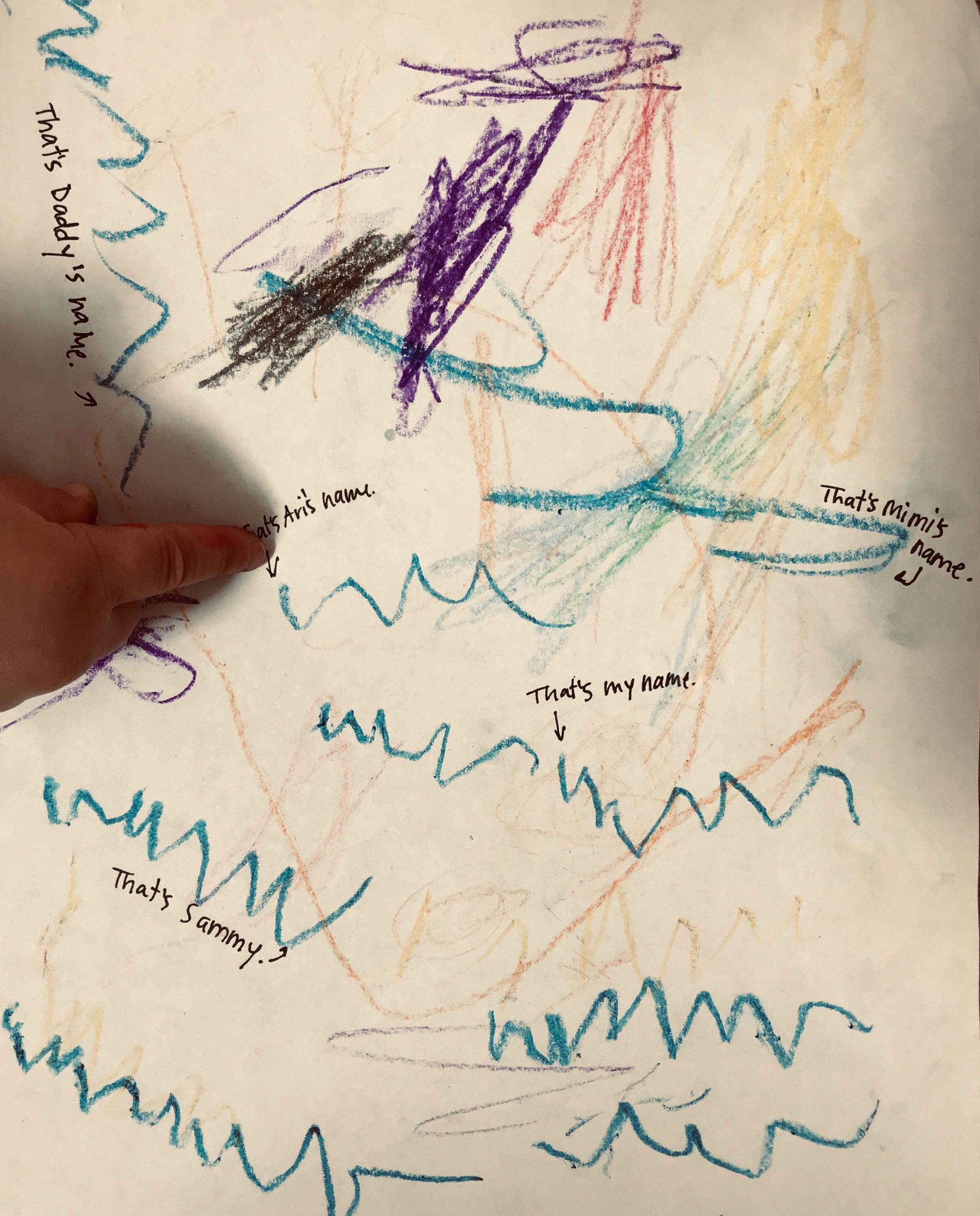 Teachers add text to a child's drawings.