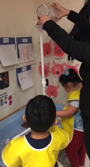 Children use PVC pipes to explore water movement.