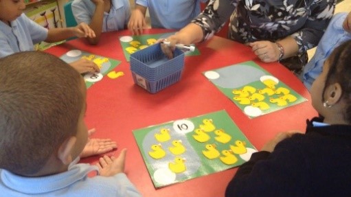 Children work with manipulatives to construct and deconstruct the numeral 10.