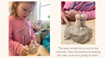 A preschooler uses clay to tell the story of a bear and mountain.