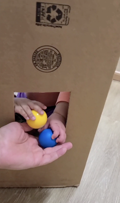A toddler and teacher pass balls through a hole cut into a box.