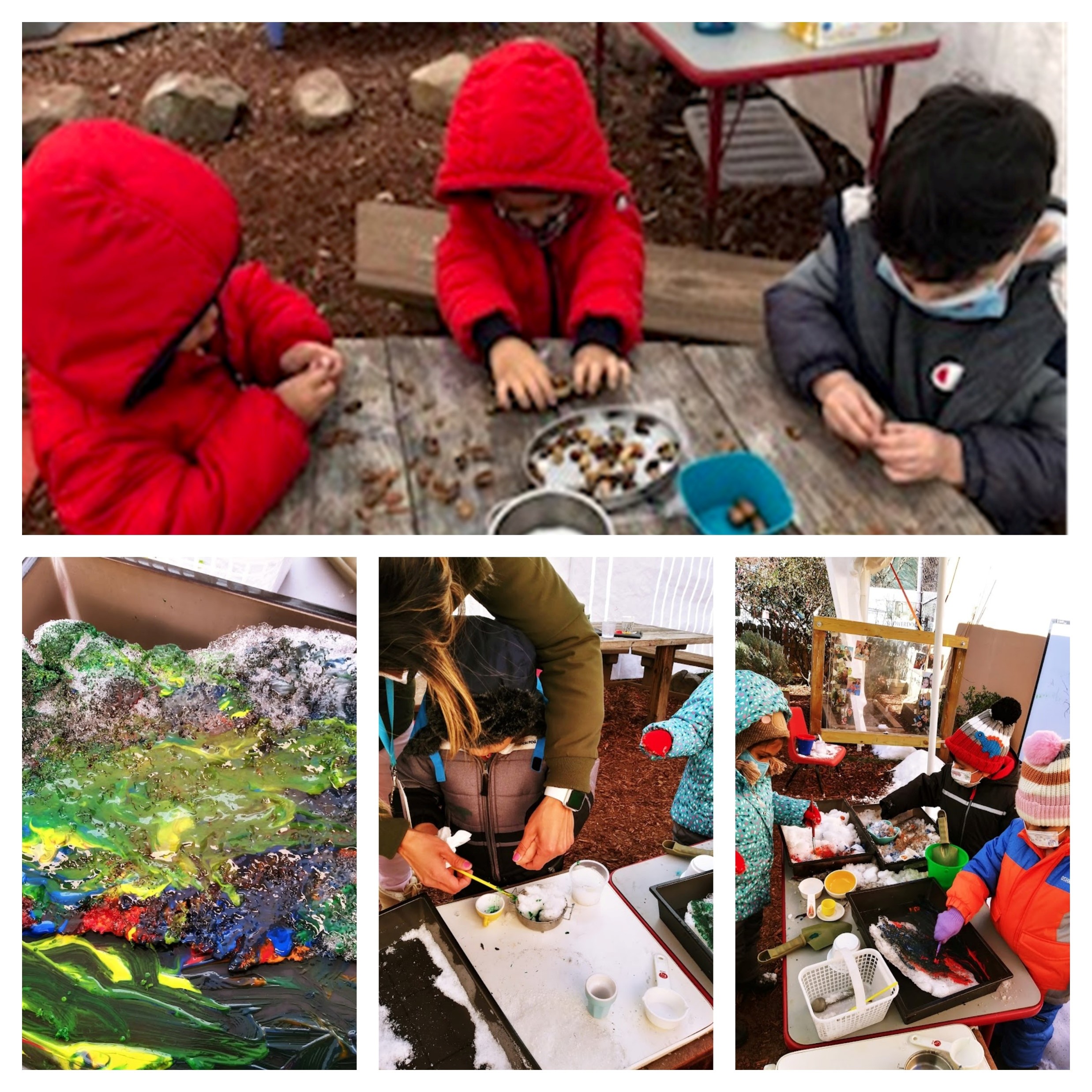 A collage of four photos featuring children engaged in playful outdoor learning.
