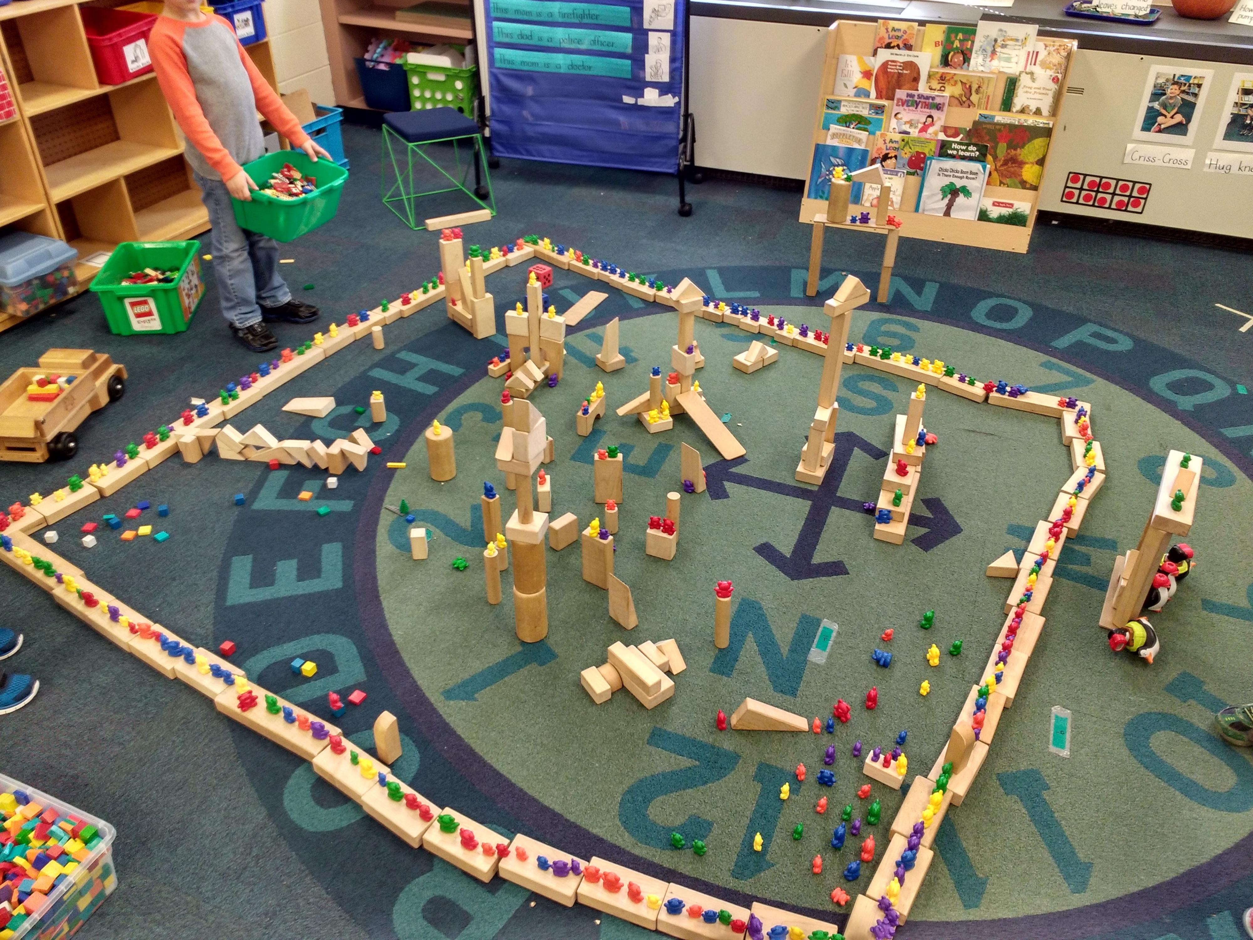 Children pull items from a variety of centers to create this elaborate structure.