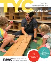 Cover of the October/November issue of TYC featuring teaching in a classroom with two children.