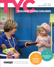 Cover of the February/March issue of TYC, featuring a preschool teacher and a young girl.