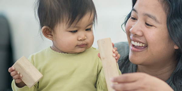 Mother playing with blocks with her young child.