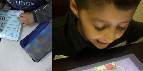 two images showcasing children drawing pictures together and looking at a tablet