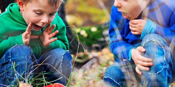 Two young boys playing outside and looking at plants