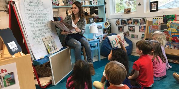 Classroom sitting in a circle during storytime