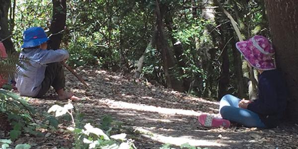 Children sitting in woods