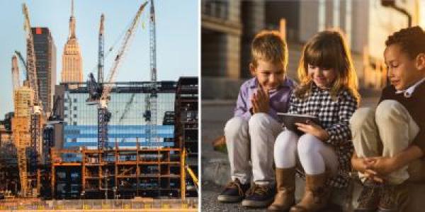 Children outside learning about city buildings