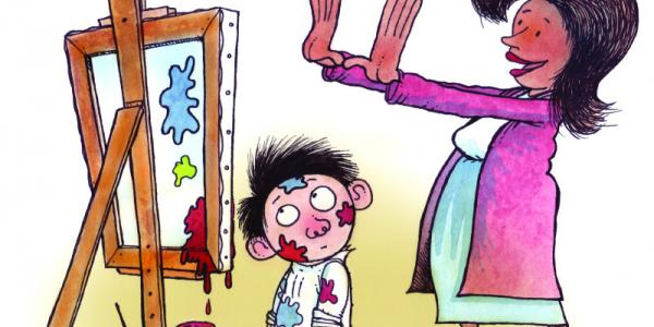 Cartoon illustration of teacher admiring child's painting.