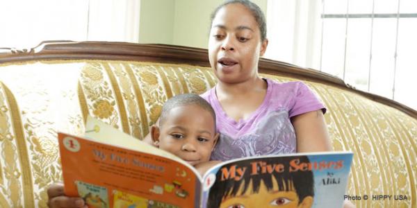 Mother reading a children's book to toddler son