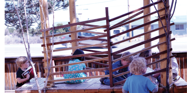 Five preschoolers designing a tree house