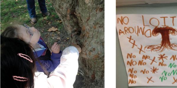 Group of children in park and painting of a tree