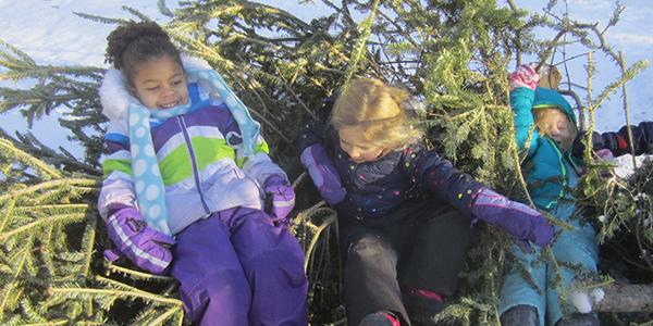 Three preschoolers with holiday trees