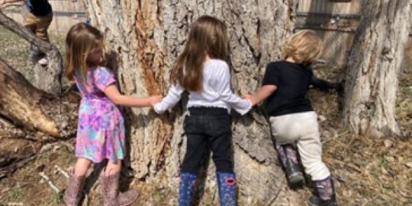 Children gathered around a tree.