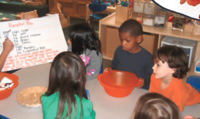 Students reading ingredients to make pumpkin pie