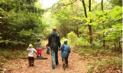 Parent walking with children in woods