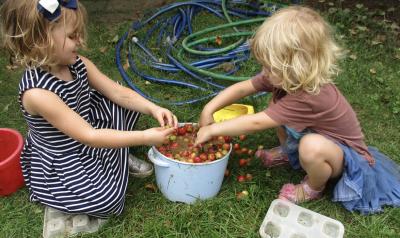 Two children playing with crab apples in water