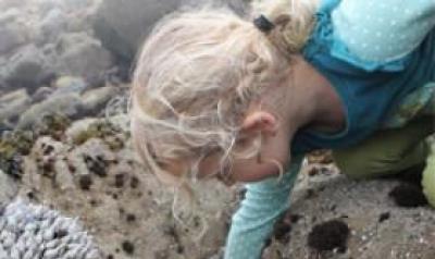 Young girl exploring rocks by the sea
