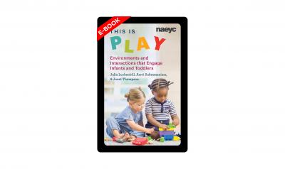 e-book cover for This is Play, featuring two toddlers playing with colored blocks