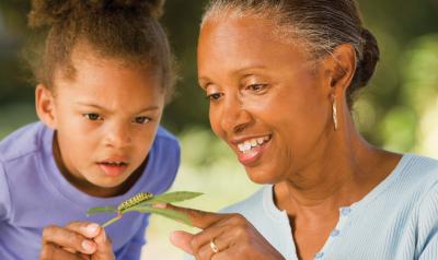 A teacher showing a child a caterpillar.