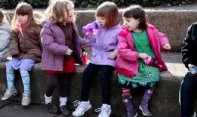 Children sitting on sidewalk