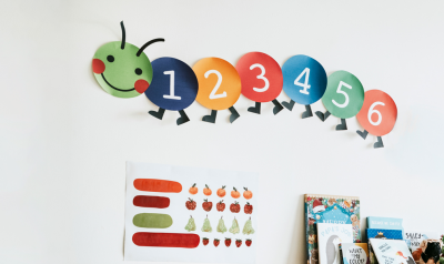 Image of numbers on a classroom wall in the shape of a caterpillar