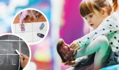 A collage of a young girl taking off her shoe, laying it on chart paper to categorize it with other shoes, and a blackboard. 