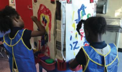 Two girls painting in classroom