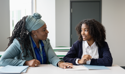 a coach having a discussion with a teacher