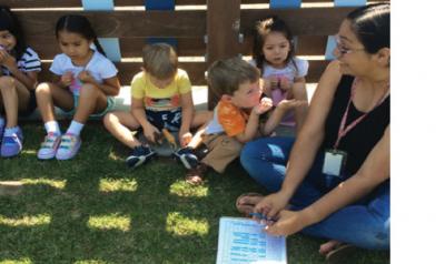 Teacher and students sitting outside