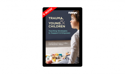 e-book cover of Trauma and Young Children featuring a young boy and blocks