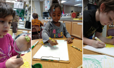 a collage of images of children drawing