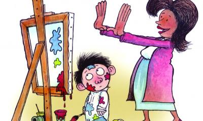 Cartoon illustration of teacher admiring child's painting.