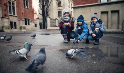 Teacher and two students observing pigeons