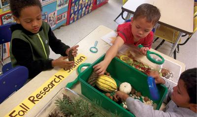 Children looking through fall supplies