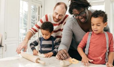 family in a kitchen baking