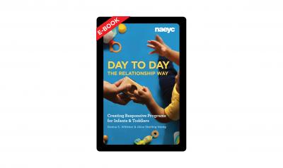 The cover image of Day to Day the Relationship Way featuring an adult and child hand and blocks