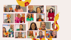Still image of videos with pink background and animated icons: fireworks, fan, envelope, flowers and snake.