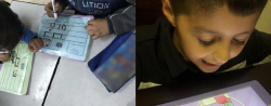 two images showcasing children drawing pictures together and looking at a tablet