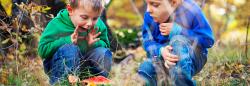 Two boys outside exploring a mushroom