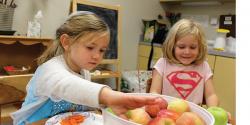 Two young girls with bucket of apples