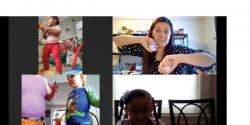 a screenshot of a video call with teachers and children dancing with each other