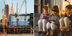 Children outside learning about city buildings