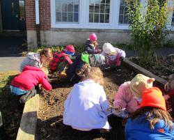A group of young children leaning in a school garden