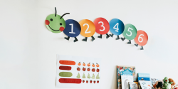 Image of numbers on a classroom wall in the shape of a caterpillar