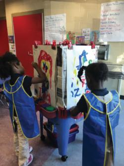 Two girls painting in classroom