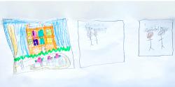 a piece of childrens artwork with people and a house